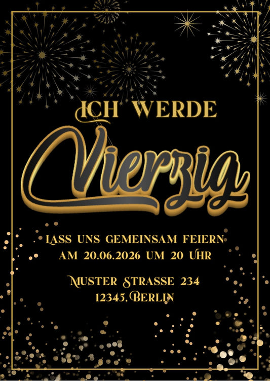 Schwarz & Gold Einladungen zum Geburtstagsfeier - Download Link!