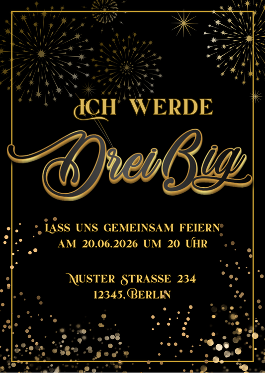 Schwarz & Gold Einladungen zum Geburtstagsfeier - Download Link!